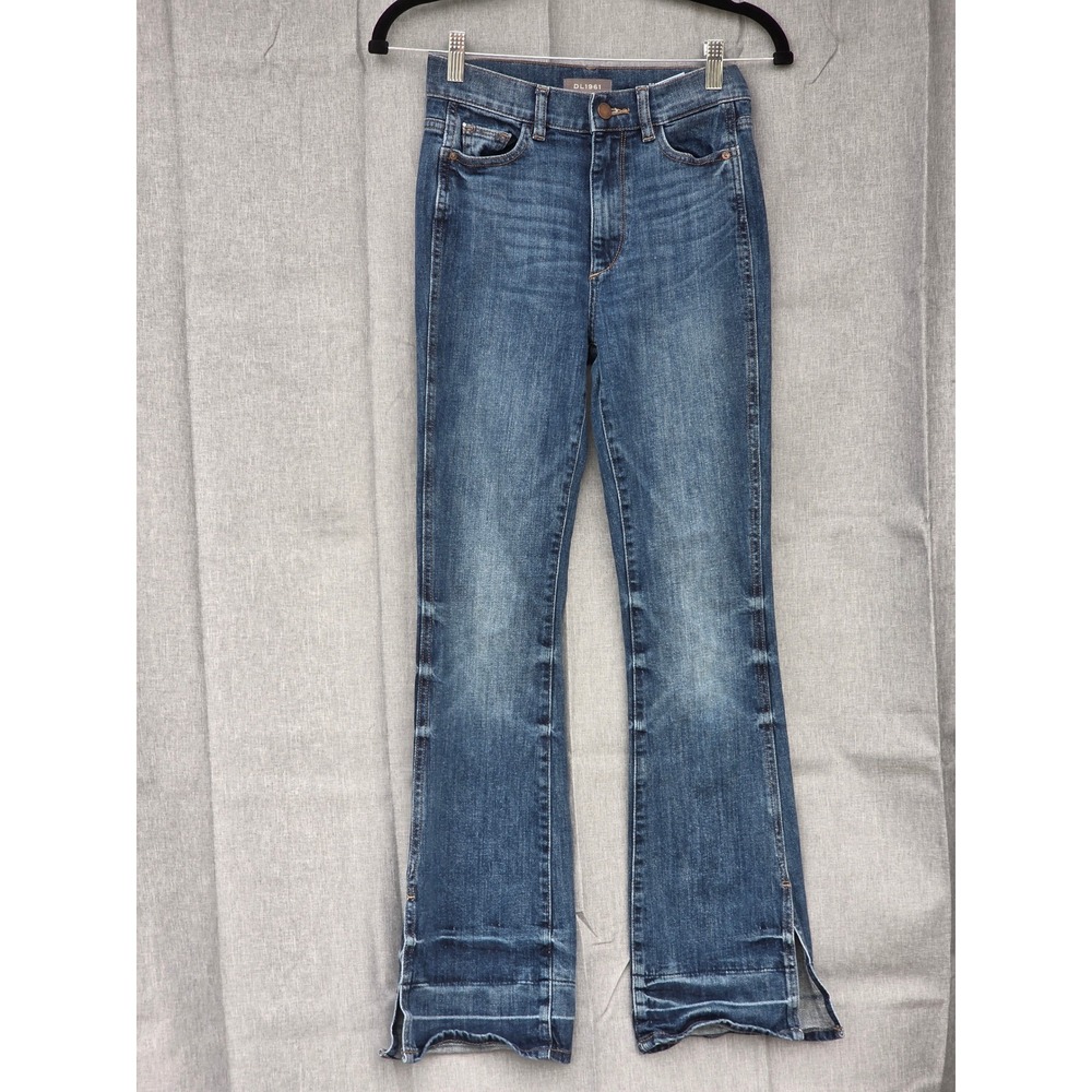 DL1961 Bridget High Rise Bootcut Jeans Medium Wash Split Raw Hem Size 24